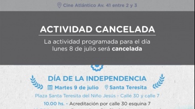 Se cancela la velada artística y cultural prevista para el lunes 8 de julio en Santa Teresita