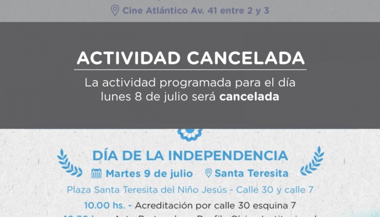 Se cancela la velada artística y cultural prevista para el lunes 8 de julio en Santa Teresita